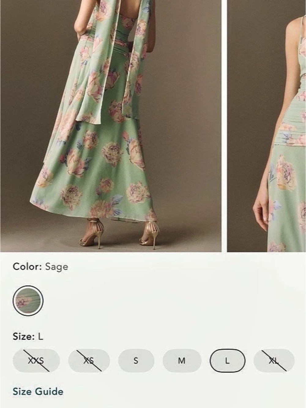 BHLDN Ruched Maxi Dress and Matching Scarf Floral Green & Pink X-Large